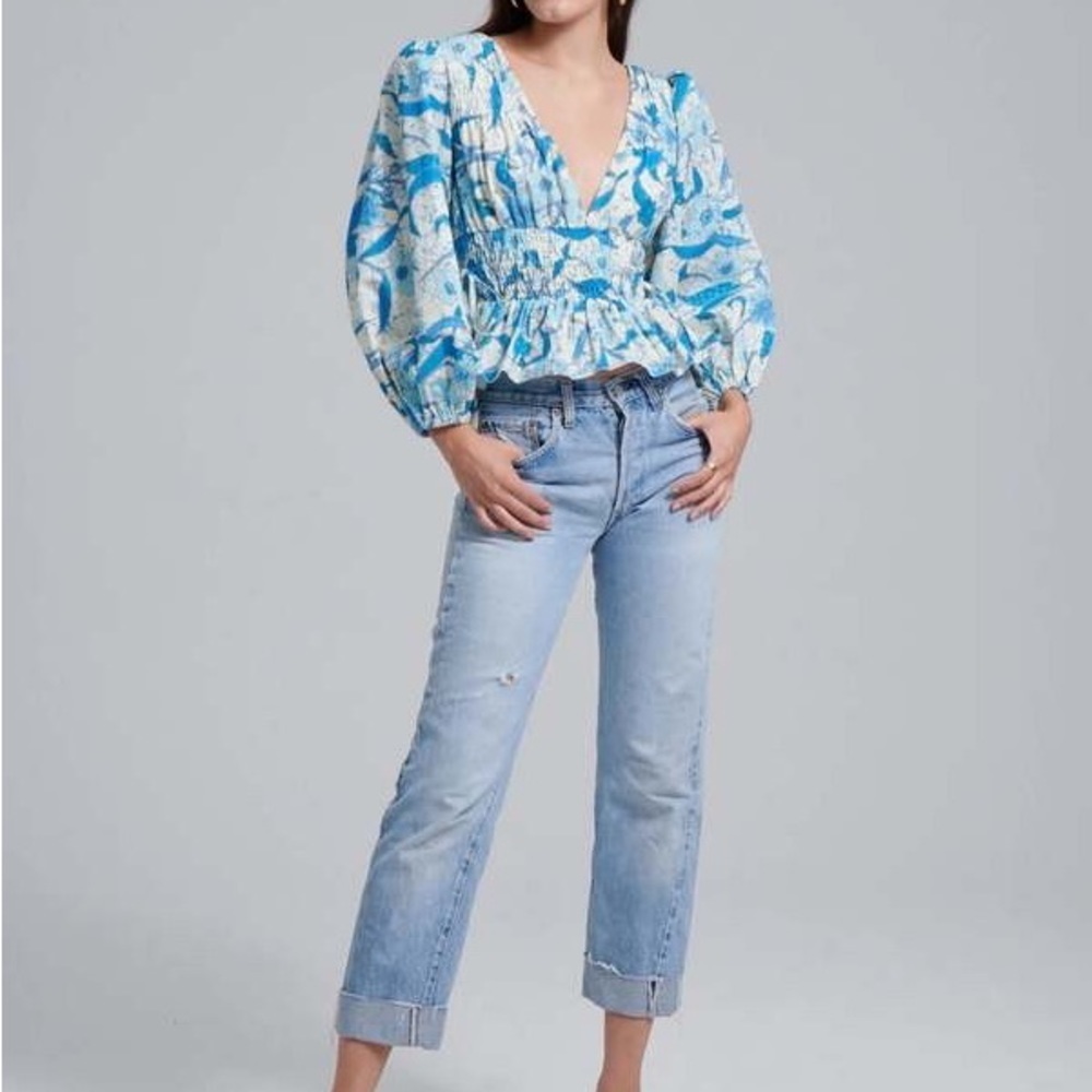Anthropologie Top Love The Label Elle Floral Peplum Smocked Waist Blouse Sz L